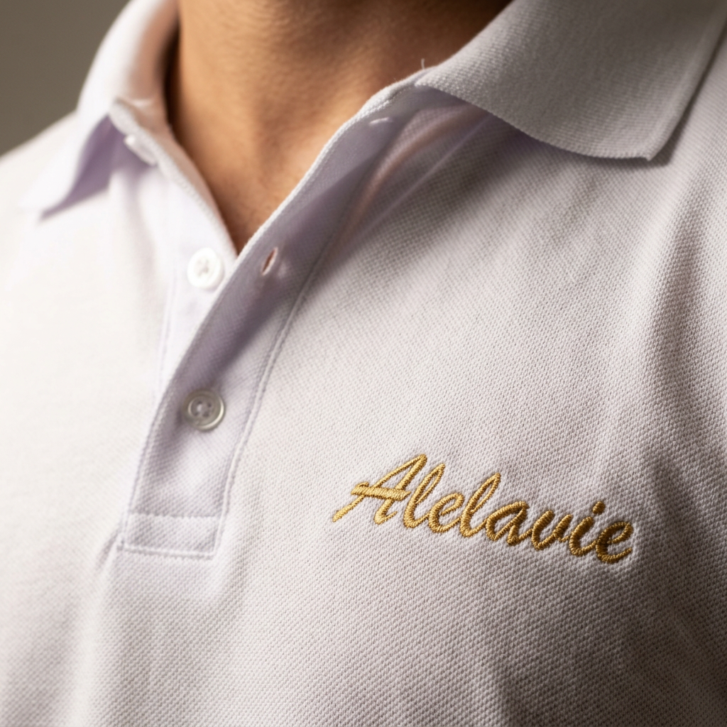 Detalhe da estampa aplicada em camisa polo